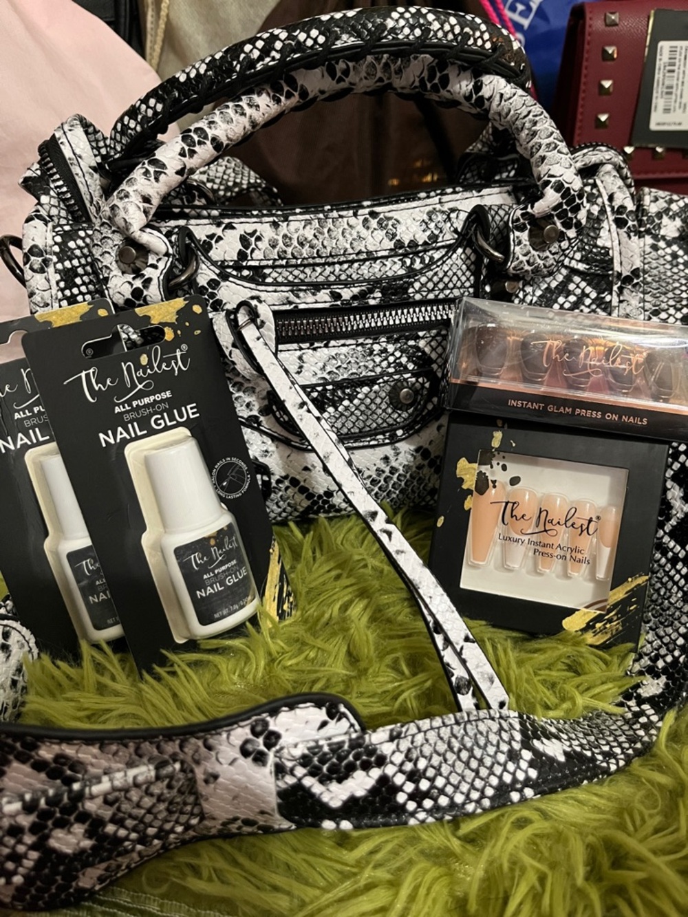 Black & White Snake Print Satchel with Matching Strap and Press-on Nail Bundle